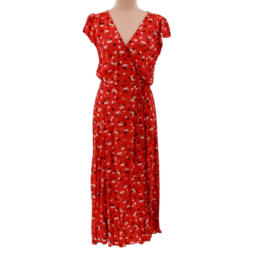 GAP Ditzy Floral Midi Wrap Dress Womens Size XS Red Tie Waist Garden Party Beach
